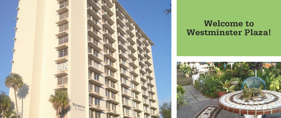 Exterior photos of Westminster Plaza, an affordable senior living community in Orlando, Florida.